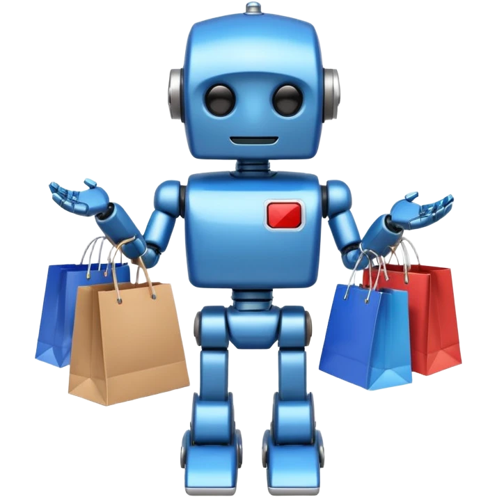 black friday robot with blue and metalic colours with bags in his hands emoji