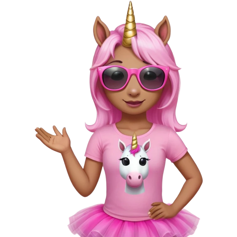 friendly anthropomorphised female unicorn with horse-like face, in tutu and pink t-shirt, wearing dark sunglasses, relaxed pose, close-crop head and shoulders emoji