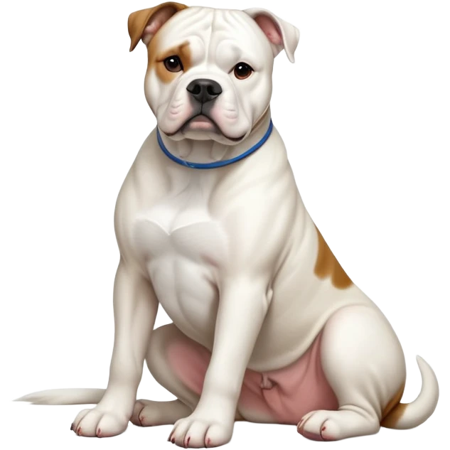 cinematic-[american bulldog]-realistic-full-body-sitting-emoji,-tail-resting-loosely-beside-its-paws,-head-tilted-dramatically,-sleek-[solid white]-fur,-simplified-yet-realistic-focused-features,-highly-detailed,-glowing-with-an-almost-sarcastic-glow emoji