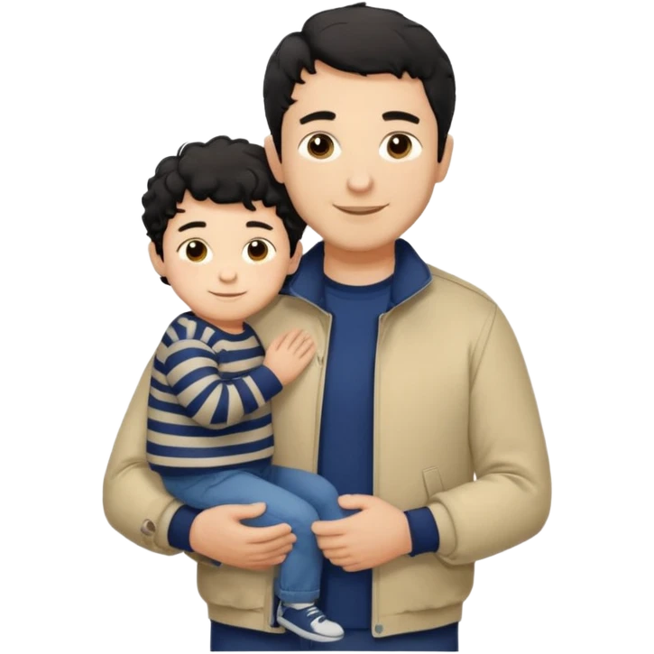 A father with short curly black hair and a friendly smile, dressed in a navy blue T-shirt and a beige jacket. He carries his child with soft straight dark hair wearing a tiny striped sweater. Bright, natural, heartwarming scene. emoji