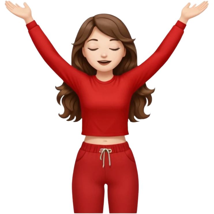 crie uma menina branca com cabelos castanhos longos ondulados, uma roupa de calça e blusa de manga curta na cor vermelho, com braços juntos para cima, olhos fechados e perna levantada emoji