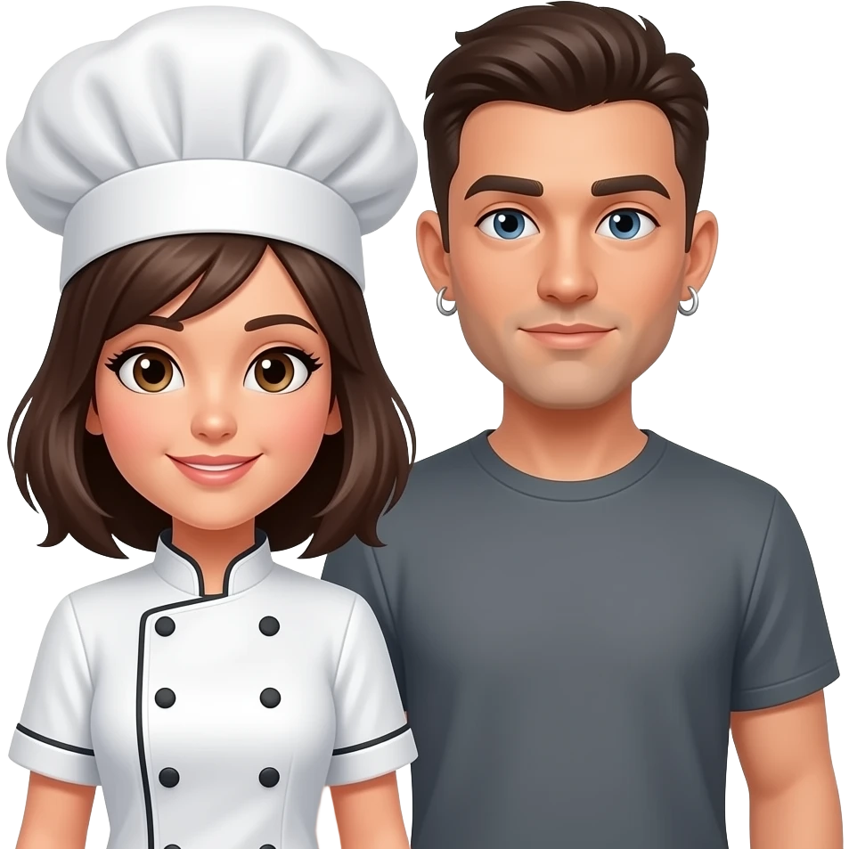 can you take the chefs jacket off, make her taller than him and put the hoops on him? plus shorter hair for him emoji