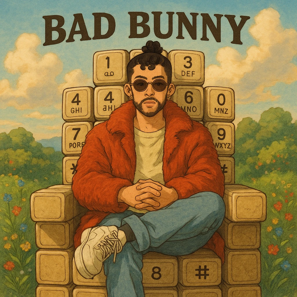 ghibli style Bad Bunny sitting on a throne-like chair made of phone keypads, detailed and artistic album cover emoji