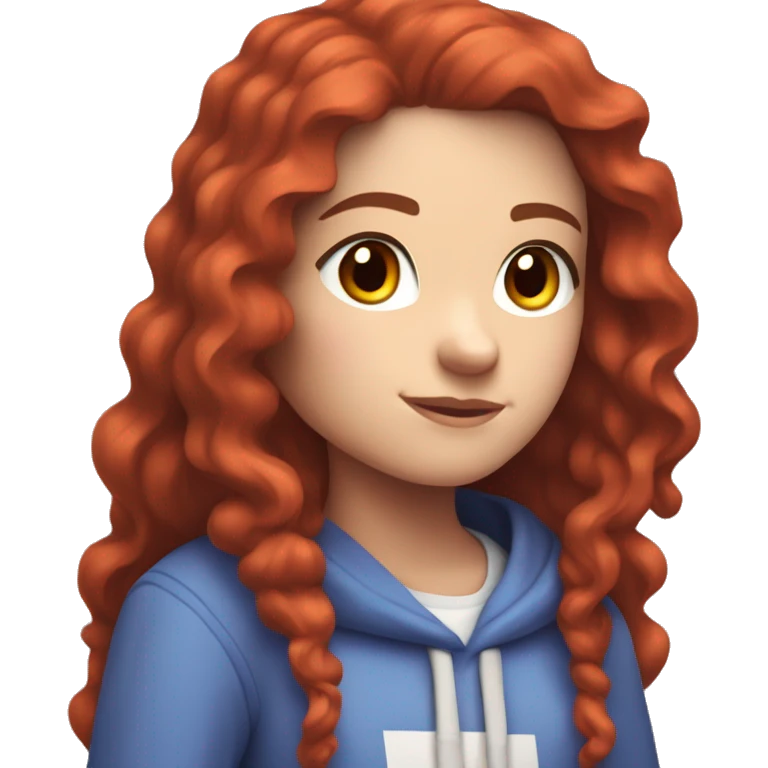 a white girl with long red curly hair, wearing periwinkle Minecraft hoodie playing a videogame emoji