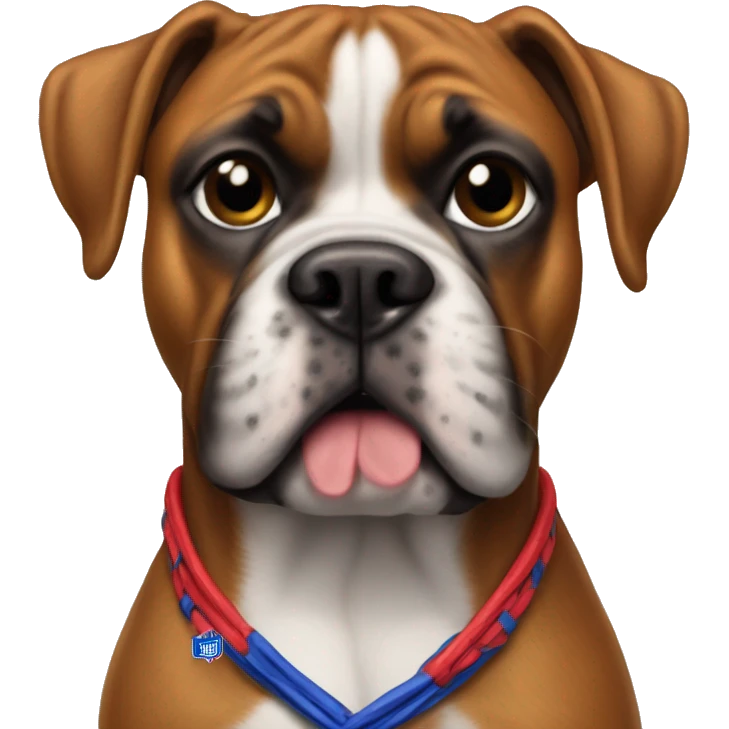 A dog, boxer, wearing buffalo bills gear emoji