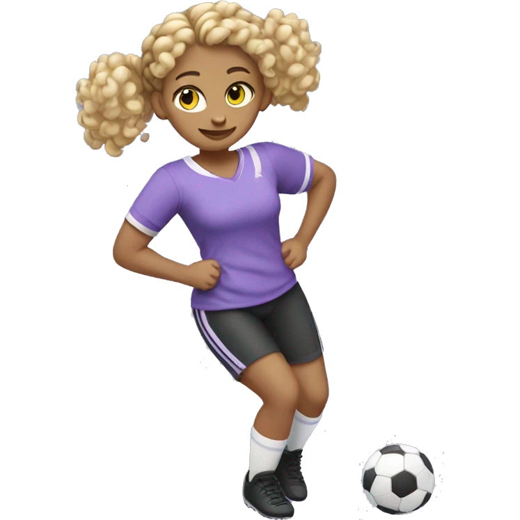 BLONDE GIRL WITH CURLS PLAYING FOOTBALL SMILING WITH BRAIDS WITH LILAC AND BLACK T-SHIRT WITHOUT STRIPES FULL BODY WITH A BALL emoji