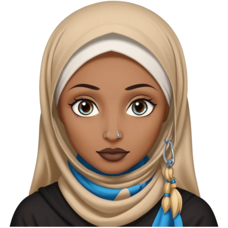 white girl with long blonde hair, blue eyes, tattoos, a septum nose piercing, and a dark skinned woman in a hijab with brown eyes emoji