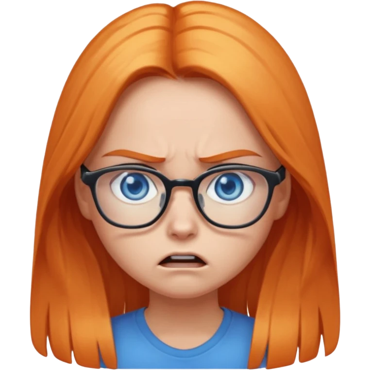 a girl with blue eyes, glasses and light orange long hair angry emoji