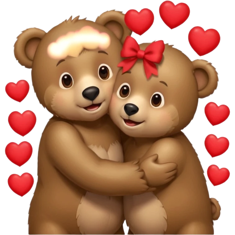 female bear with bow on her head and male bear hugging, couple, surrounded by hearts, playful and loving, cute, same height  emoji