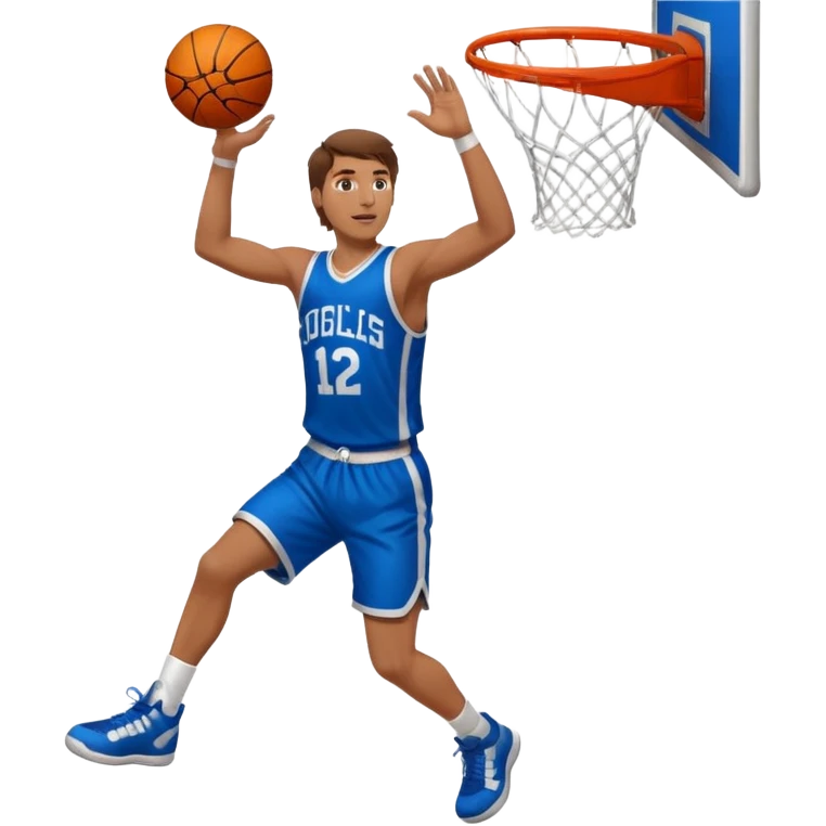 A white man with brown hair with a basketball, doing a layup emoji