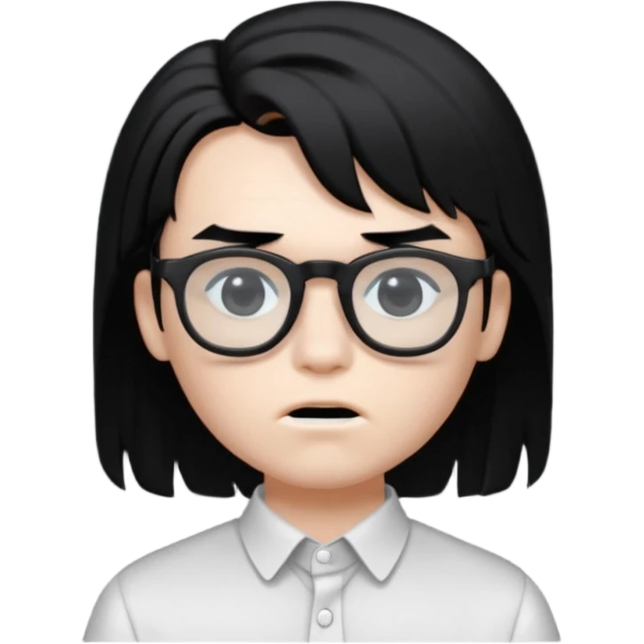 A boy with white skin, very black hair, type of cut: a big mullet, black eyes, black square glasses, white blouse and piercing in the mouth emoji