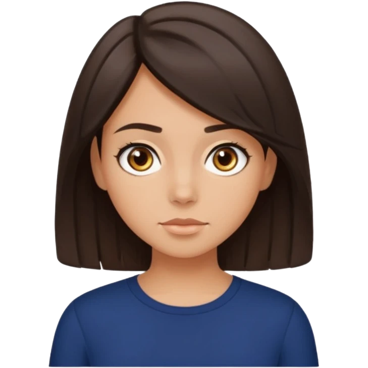 A girl with dark Brown Hair Short blow out hazel eyes a bit tan navy blue top emoji