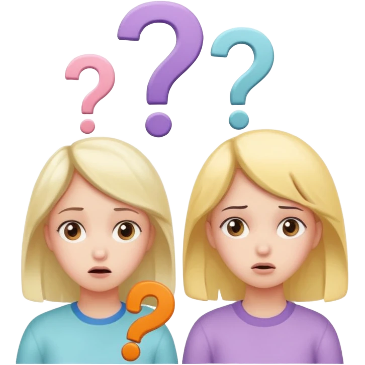 

 
Two girls are talking; one looks confused with question marks above her, while the other explains something. The illustration has a cute pastel style. emoji