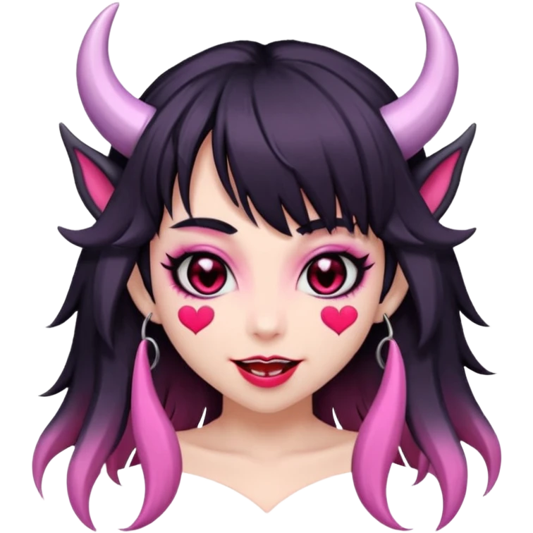 succubus,-pink-irises,-heart-pupils,-black-shaggy-hair,-straight-across-fringe,-grey-skin,-white-horns-curving-towards-forehead,-succubus-horns,-flirty-smile,-full-lips,-black-lips,-cute-fangs emoji
