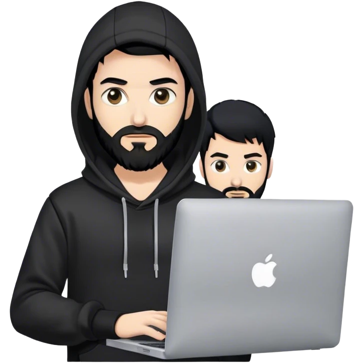 hackeur blanc cheveux noir barbe et capuche noir avec un macbook emoji