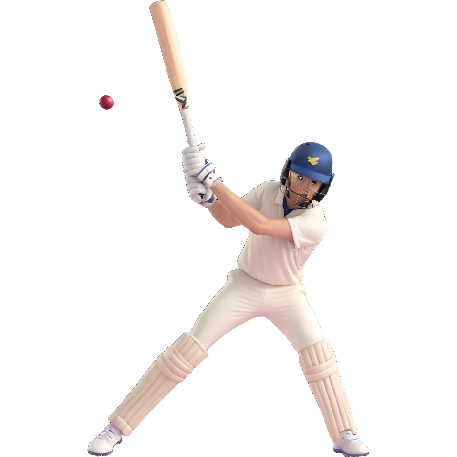 a cricket player swinging a bat, focus on action, simple background, expressive face emoji