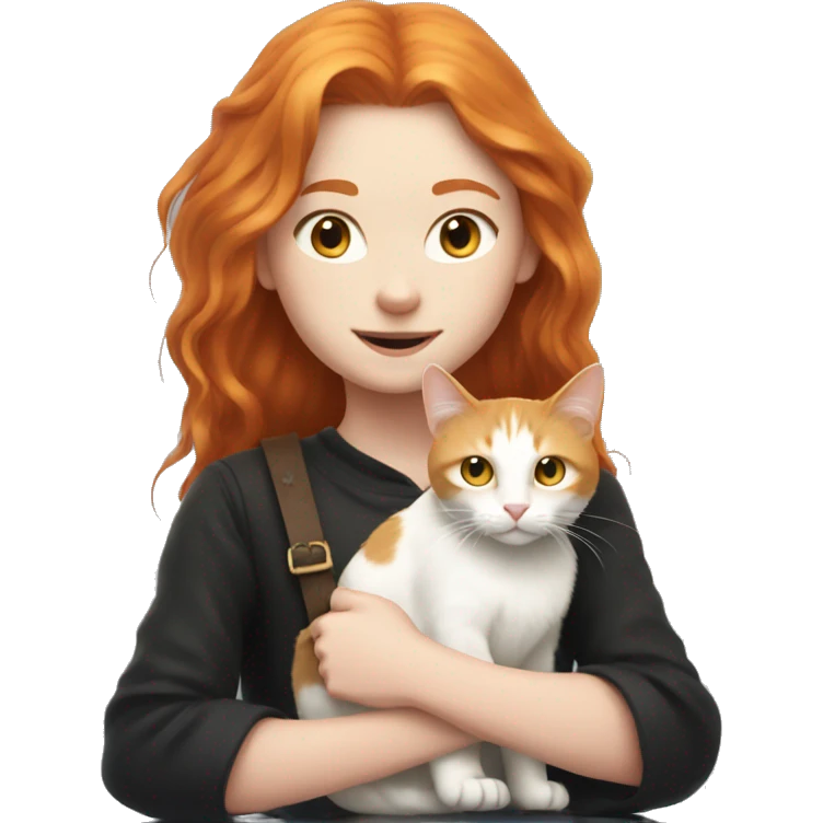 Young Ginger witch with straight hair with the white cat Boris  emoji