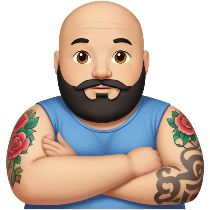 Fat Bald man with black beard saying hi with only one colorful tattoo on forearm  emoji