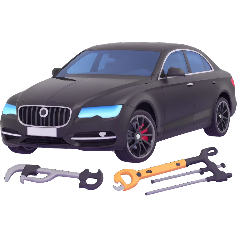 black luxury car with a clearly visible dent on the bodywork, specific PDR tools such as rods, levers, and small hammers positioned to show active repair, elegant and modern emoji