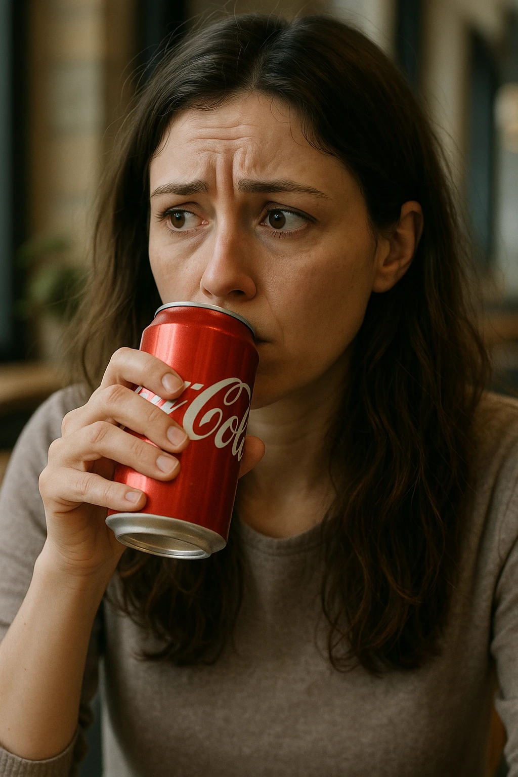 donna con ansia. Che beve coca cola. Immagini realistiche emoji