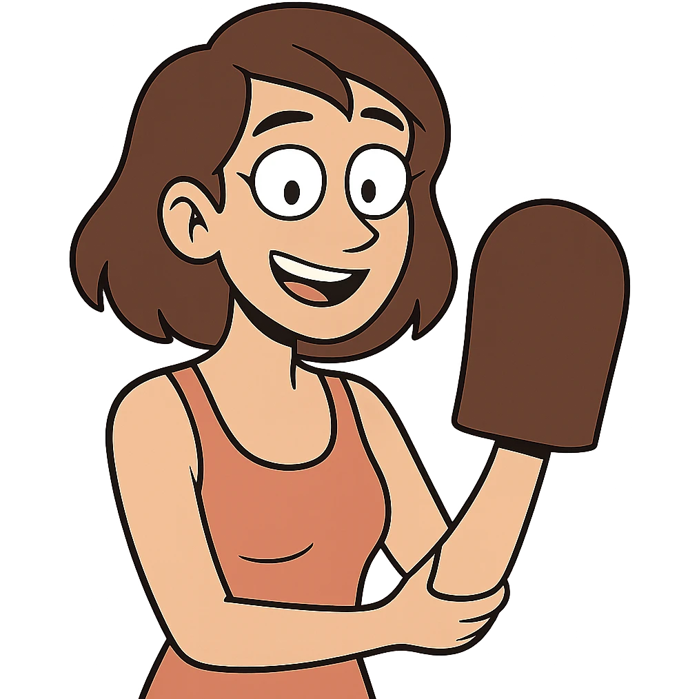 flat toon style light skintone woman with brown hair holding a tanning mitt emoji