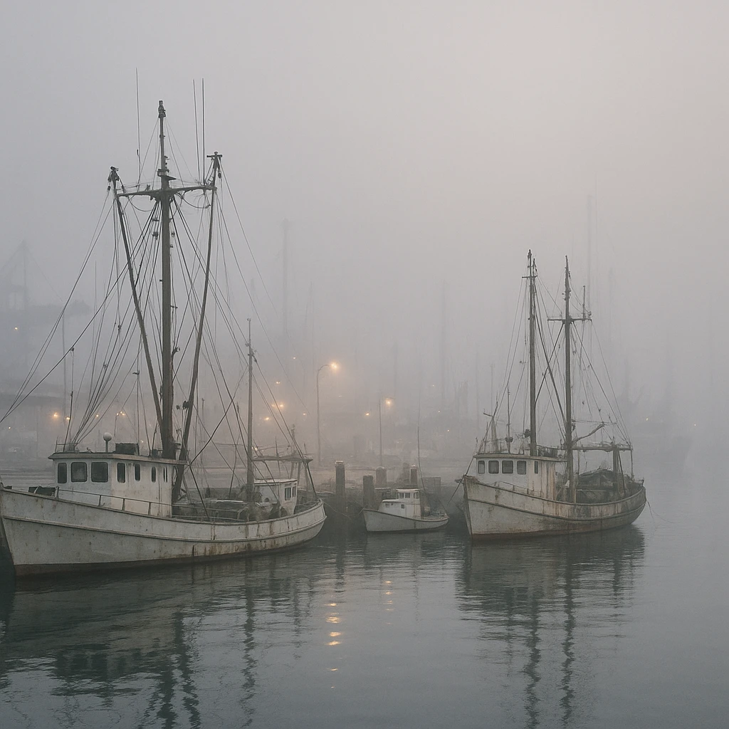 photorealistic port with fishing boats, misty morning atmosphere emoji