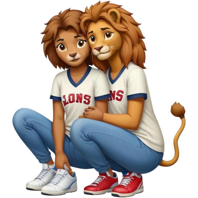 confident anthropomorphised female lion wearing a baseball shirt, jeans, and trainers, crouched on her hunches, comforting another character emoji