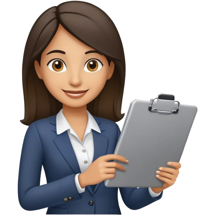 Emoji of an HR specialist: friendly smile, holding a clipboard or laptop, business-casual outfit, symbolizing communication and hiring emoji