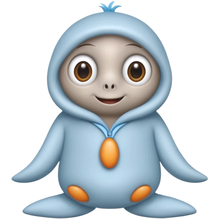 No head..it has 1 eye....stands upright ...wears clothing. is light grey and light blue..looks happy and cuddly... doesnt have a full head.... there is a appendage coming out of top of body with a single large eye emoji