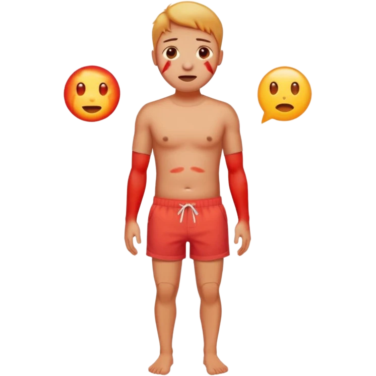 Emoji-style person in beach shorts, skin visibly sunburned and red on arms, legs, and face Expression shows mild pain or discomfort, cute rounded emoji desig emoji