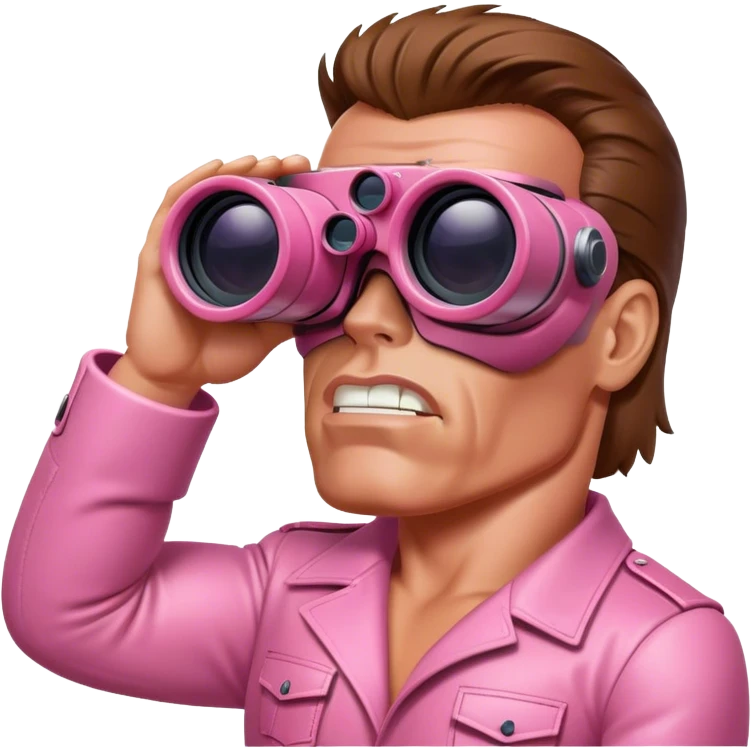 schwarzenegger-looking pink terminator looking through binocular, viewed from an angled perspective emoji