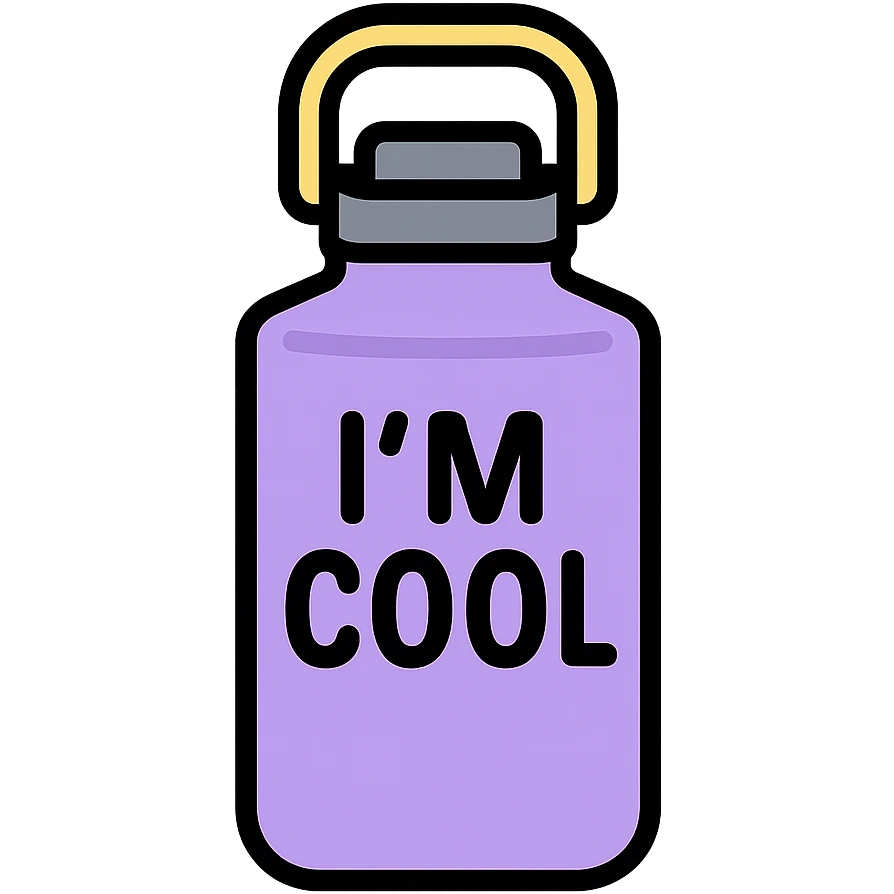 light purple STANLEY water bottle with the text I'M COOL, clean product illustration, clear readable text, modern style emoji
