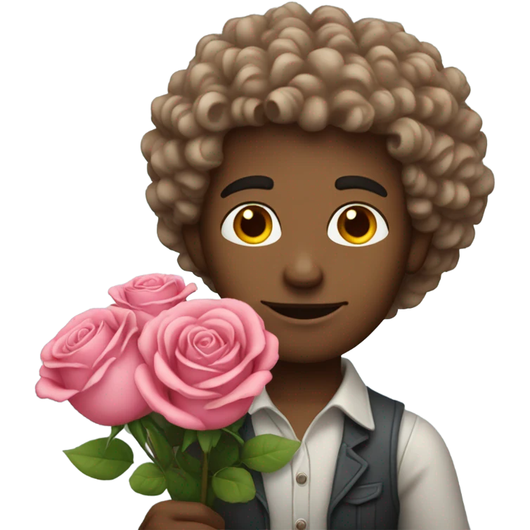 White man with curly hair carrying a bouquet of roses emoji