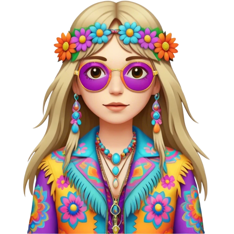 3D, psychedelic colored hippie wearing hip huggers and a fringed jacket with flower border emoji