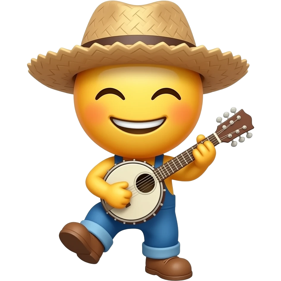 Little mini yellow emoji smiling, wearing straw hat playing banjo stomping his foot, top view, wearing coveralls, eyes closed emoji
