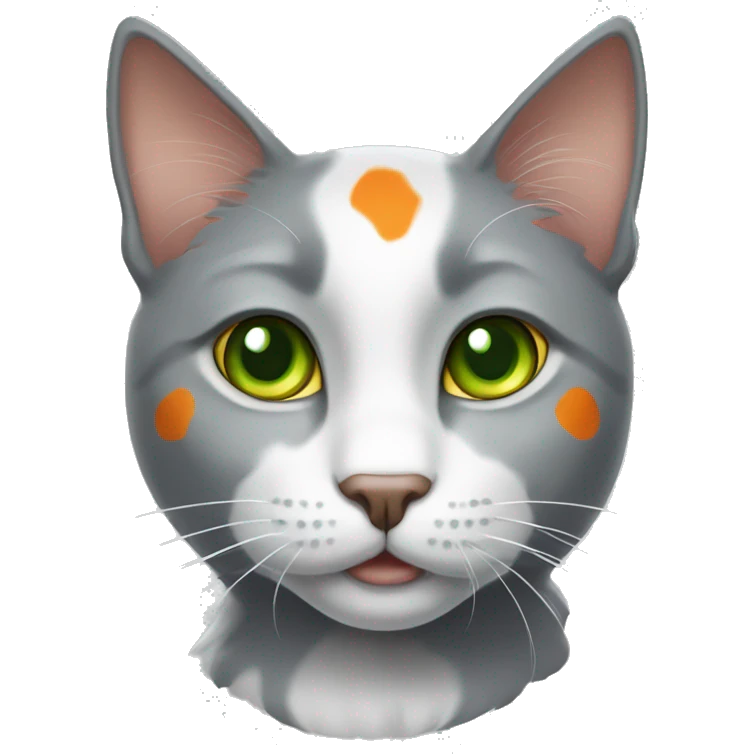 Grey and white cat with orange spots and green eyes emoji