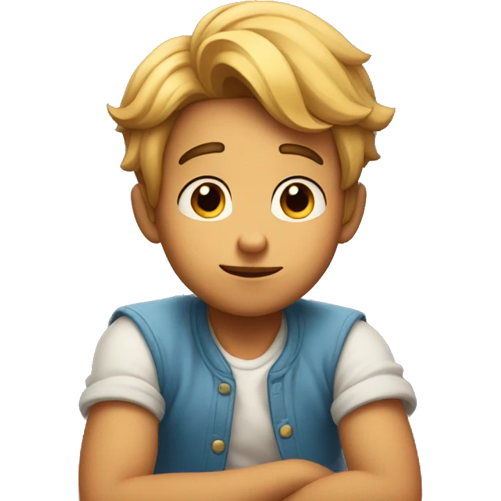 Disney boy sitting, with his hand on his chin  looking up with doubt emoji