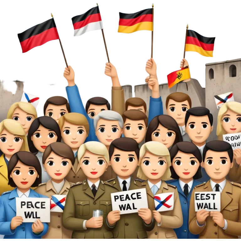 people holding protest signs, Berlin Wall in the background, peace dove, East and West Germany flags, 1950s and 60s emoji