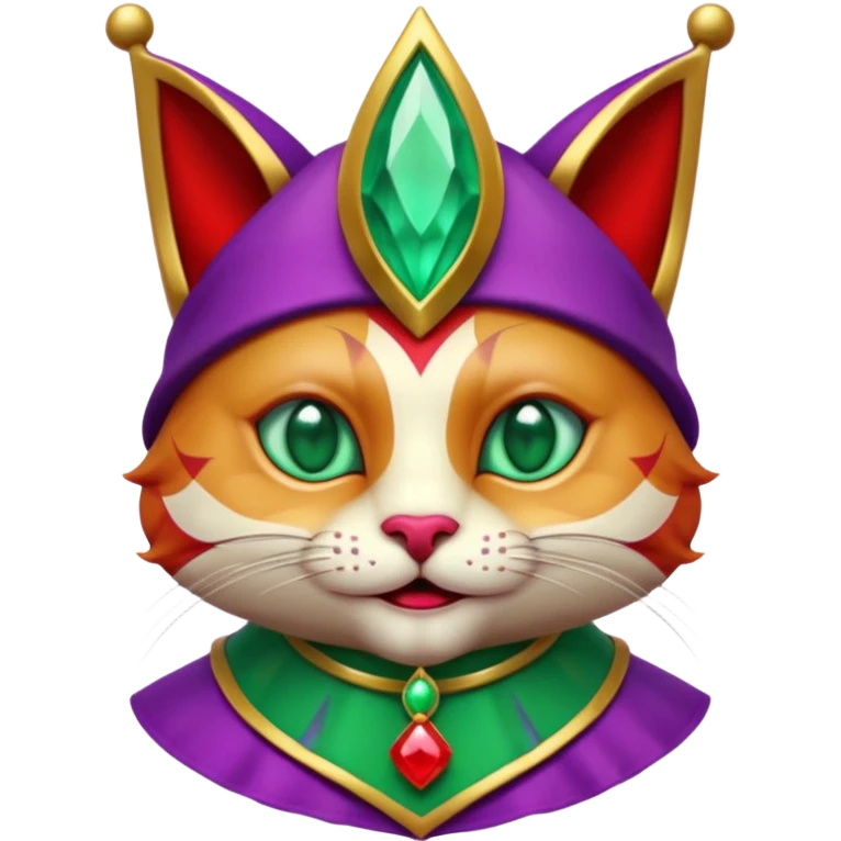 crazy colorful cute little cat jolly joker from poker, medieval, vintage, court jester, mac os icon, purple, gold and red color, half body, emerald green ice eyes. Squared shape as 3D mac os icon, symmetrical emoji