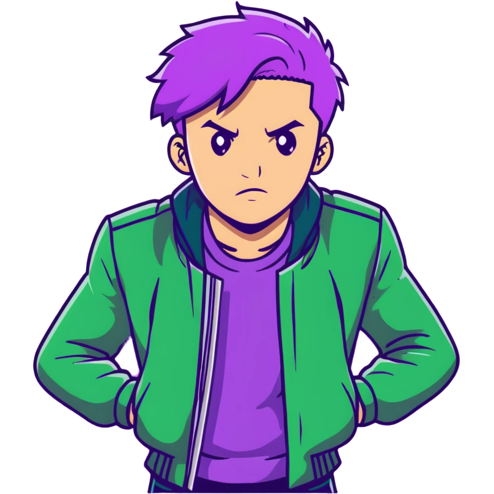 Fashionable man with purple hair and green jacket, bold expression, powerful pose inspired by Thanos emoji