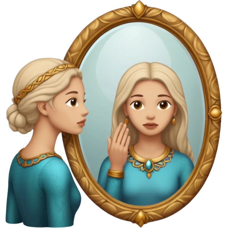 Woman facing ancient mirror, reflection slightly delayed and darker emoji