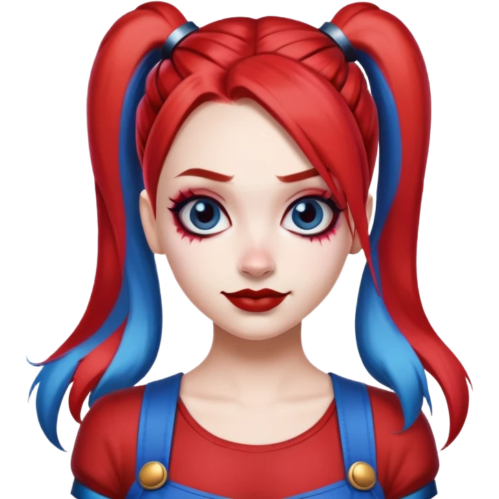 hair styled like Harley Quinn with red and blue pigtails emoji