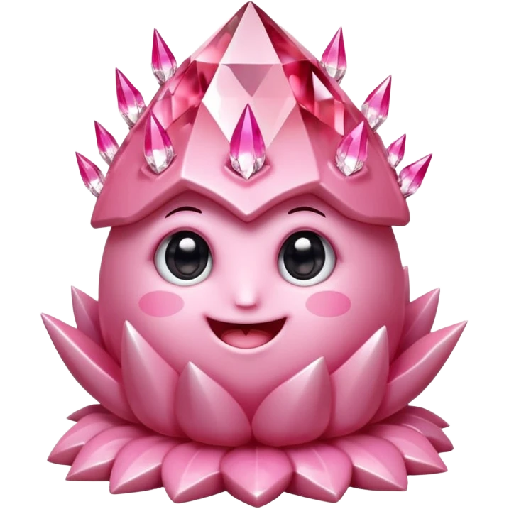 A single cute pink crystal cluster character, chunky round base with many tall rose-pink crystal spikes growing upward like a quartz cluster, faceted and slightly imperfect, on the front of the base a kawaii face with big shiny eyes and a happy open smile very shiny emoji