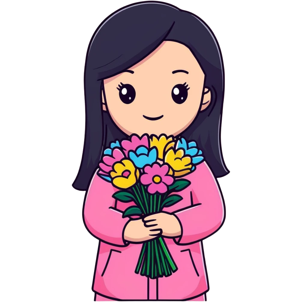 Beautiful girl with long straight black hair, fair skin, wearing pink clothes, holding a bouquet of colorful flowers emoji