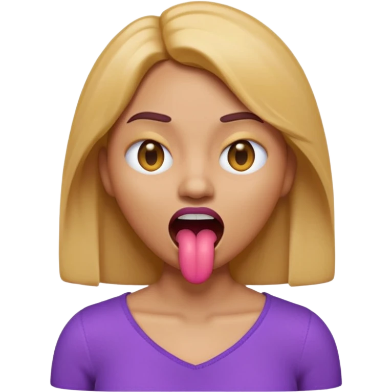 A 3D emoji-style woman with a dead-face vibe: X-shaped crossed-out eyes, mouth open with tongue sticking out slightly, lifeless cartoon expression. She has light caramel brown skin, smooth glossy emoji texture, rounded face, shoulder-length hair, wearing a purple top. emoji