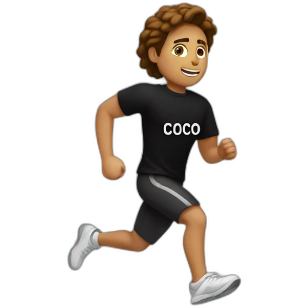 white person running with a black tshirt ans the word COCO in white emoji