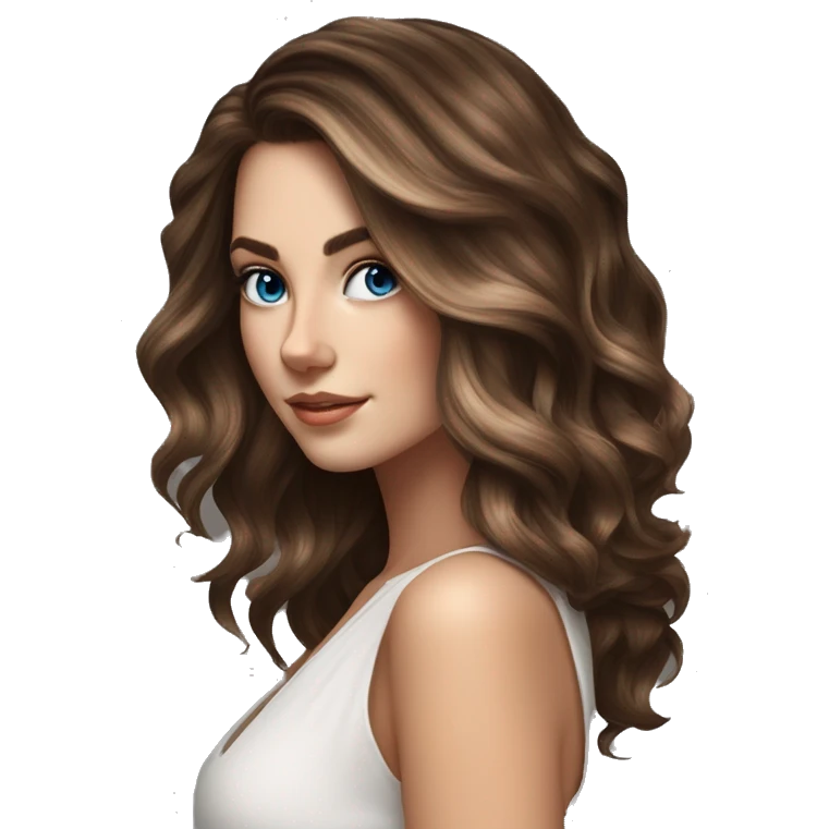 White girl blue eyes with medium length voluminous brown hair with brown highlights balayage spa emoji