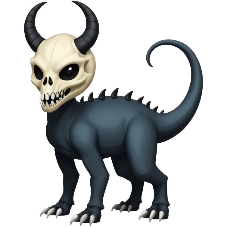 Shiny Dark Edgy  Duskull-Salandit-Amaura-Fakémon-hybrid-creature (full body) with a horned animal-skull-mask emoji