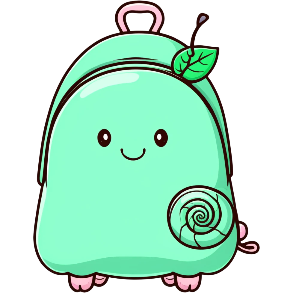 pastel snail with a leaf backpack, kawaii soft nature tone emoji