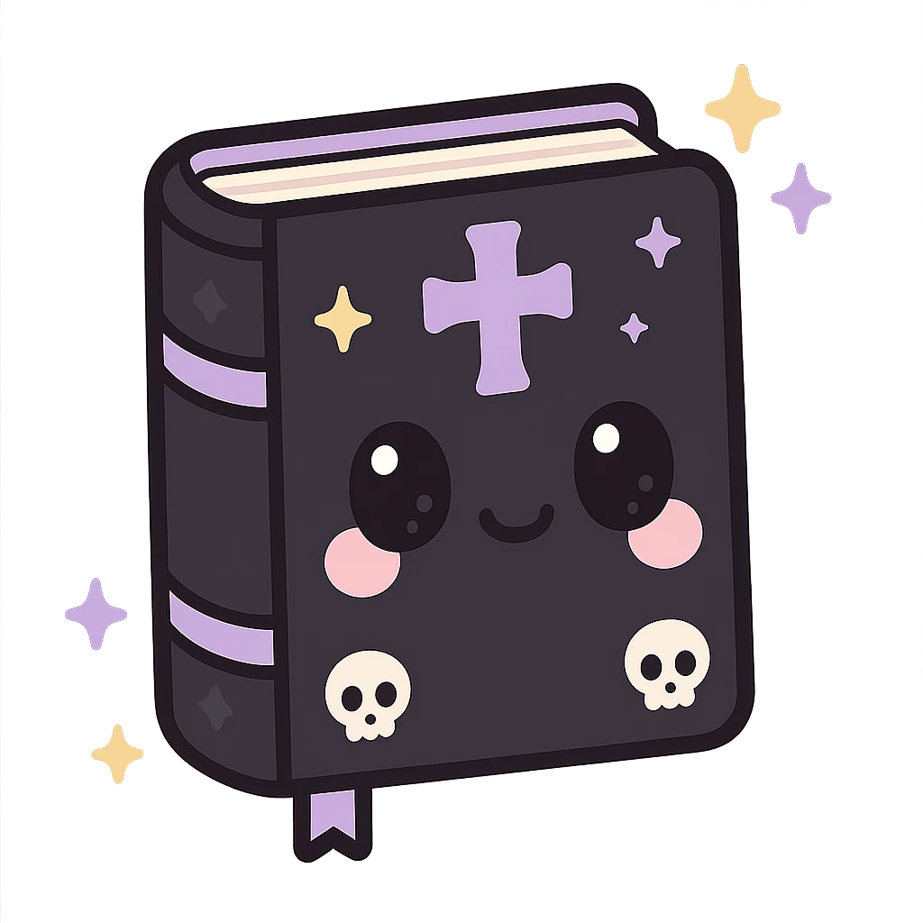 kawaii style magical gothic book, adorable face, black cover with purple accents, floating with sparkles, tiny skull motif, mysterious and cute emoji